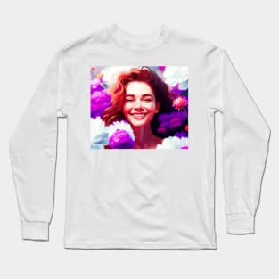 Woman happy portrait with flowers Long Sleeve T-Shirt